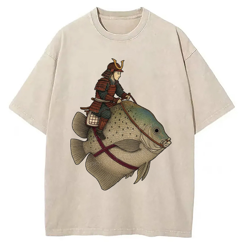 Samurai Riding A Fish Together Washed T-Shirt Funny Quote Unisex Shirt Gifts For BFF