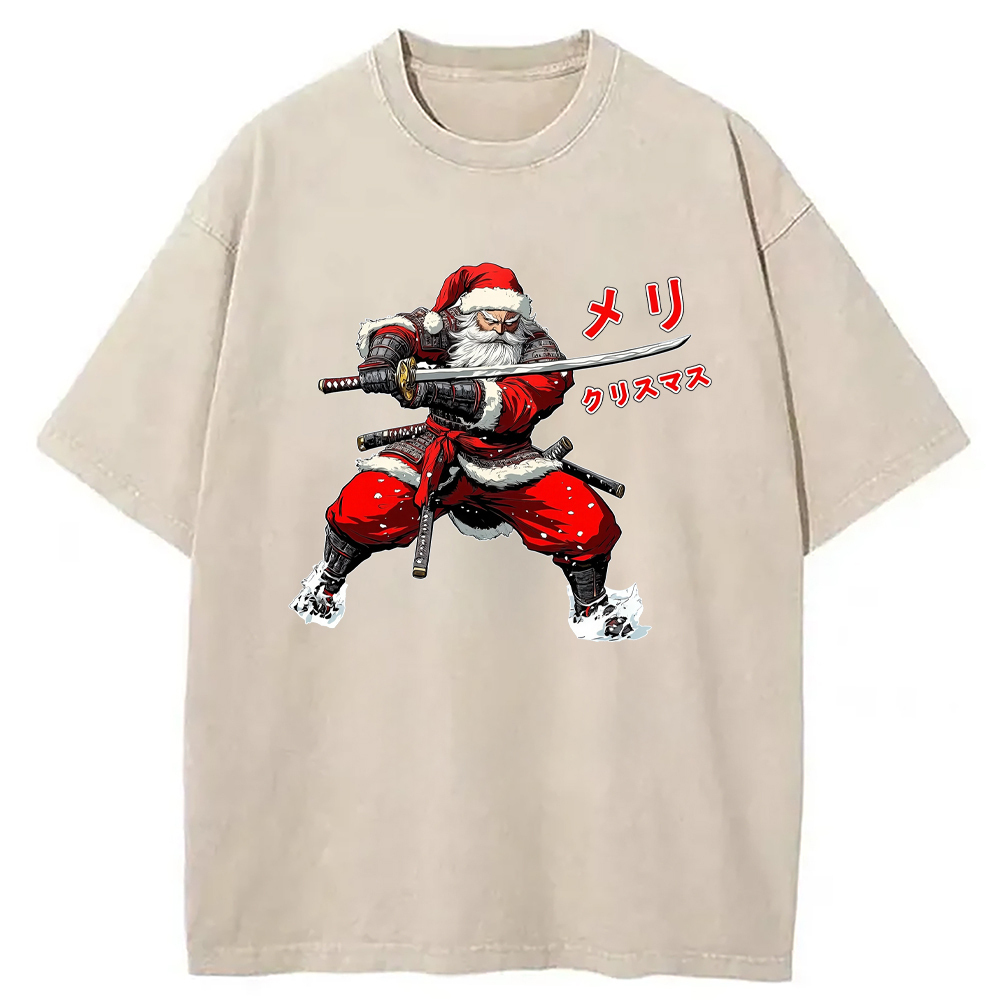 Samurai Santa Christmas Washed T-Shirt Everyday Comfort Graphic Shirt Gifts For BFF