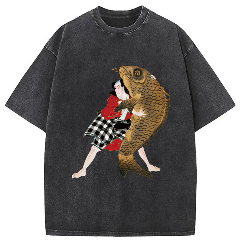 Samurai Warrior Carp Washed T-Shirt Funny Aesthetic Trendy Apparel Gifts For Besties