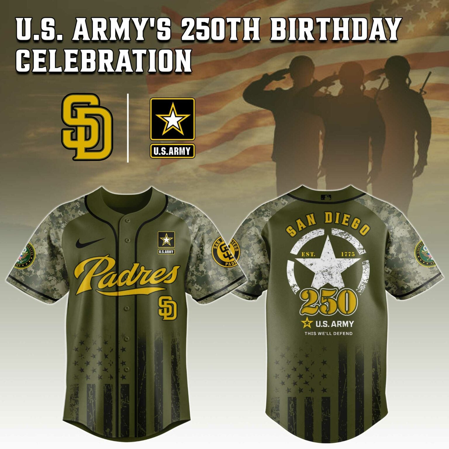 San Diego Padres MLB X 250th Anniversary US Army Jersey SD Padres Merch Gifts For Veteran