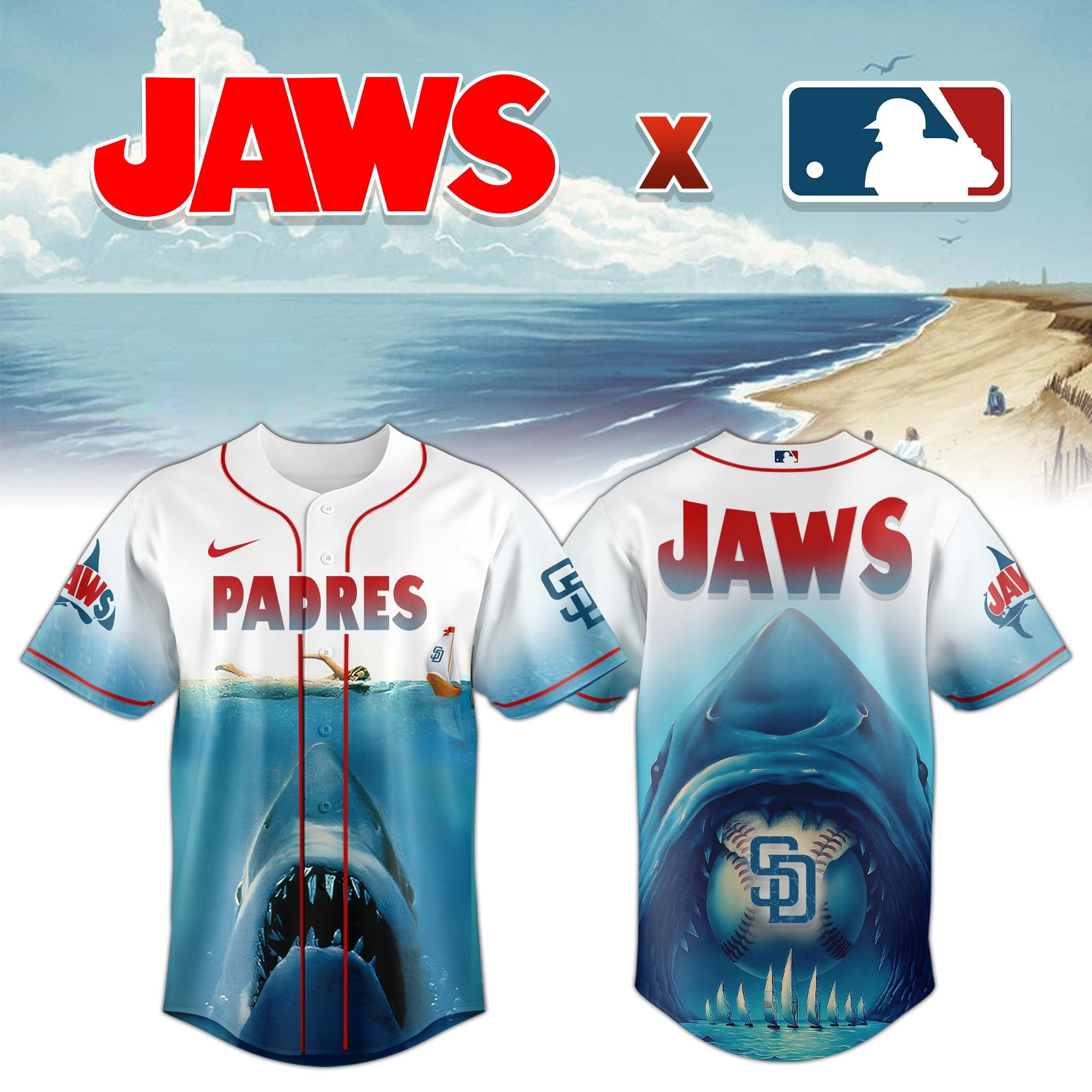 San Diego Padres x JAWS Jersey MLB Merch Baseball Lovers Movie Themed Gifts For Jaws Fans