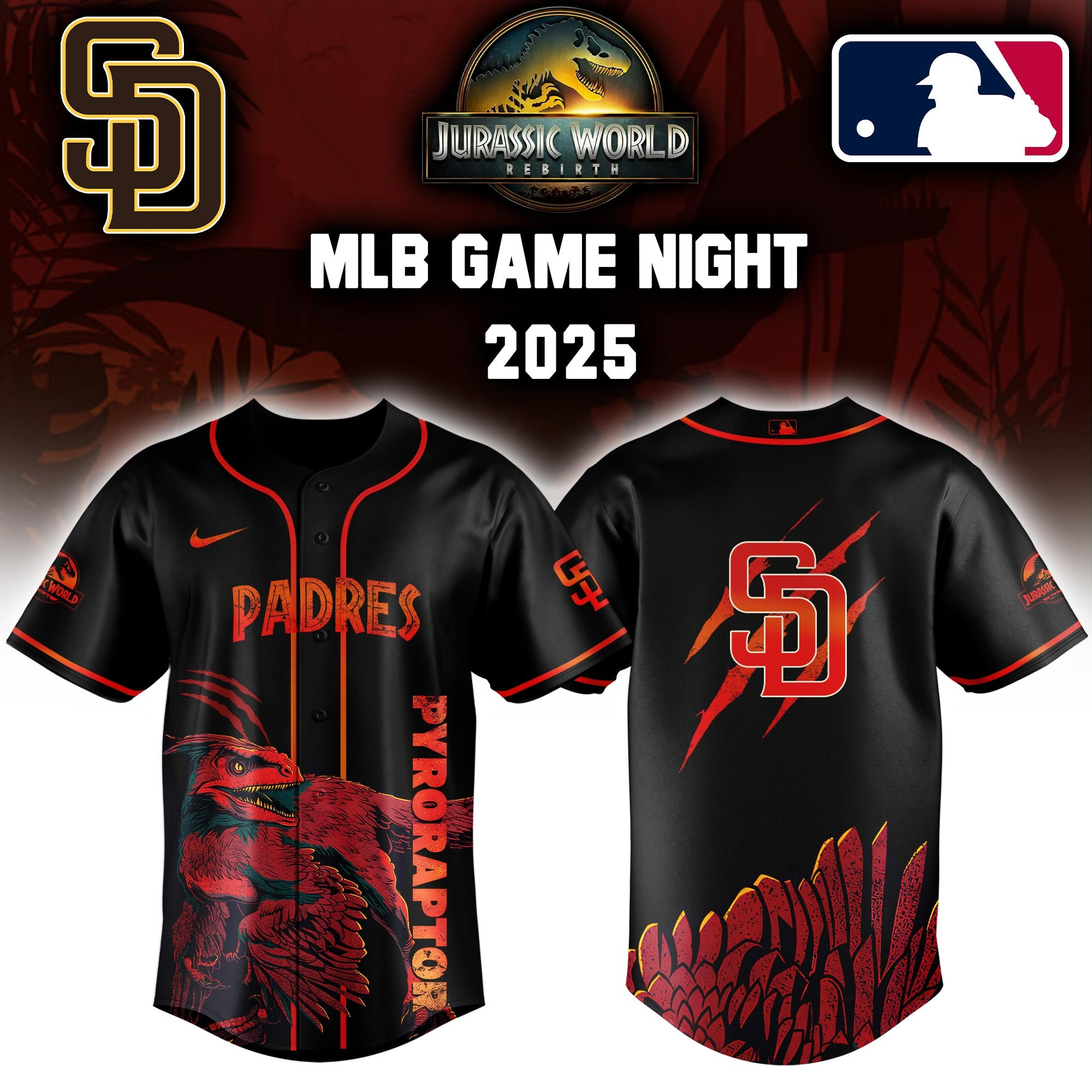 San Diego Padres x Jurassic World Baseball Jersey Baseball Player Gift Ideas