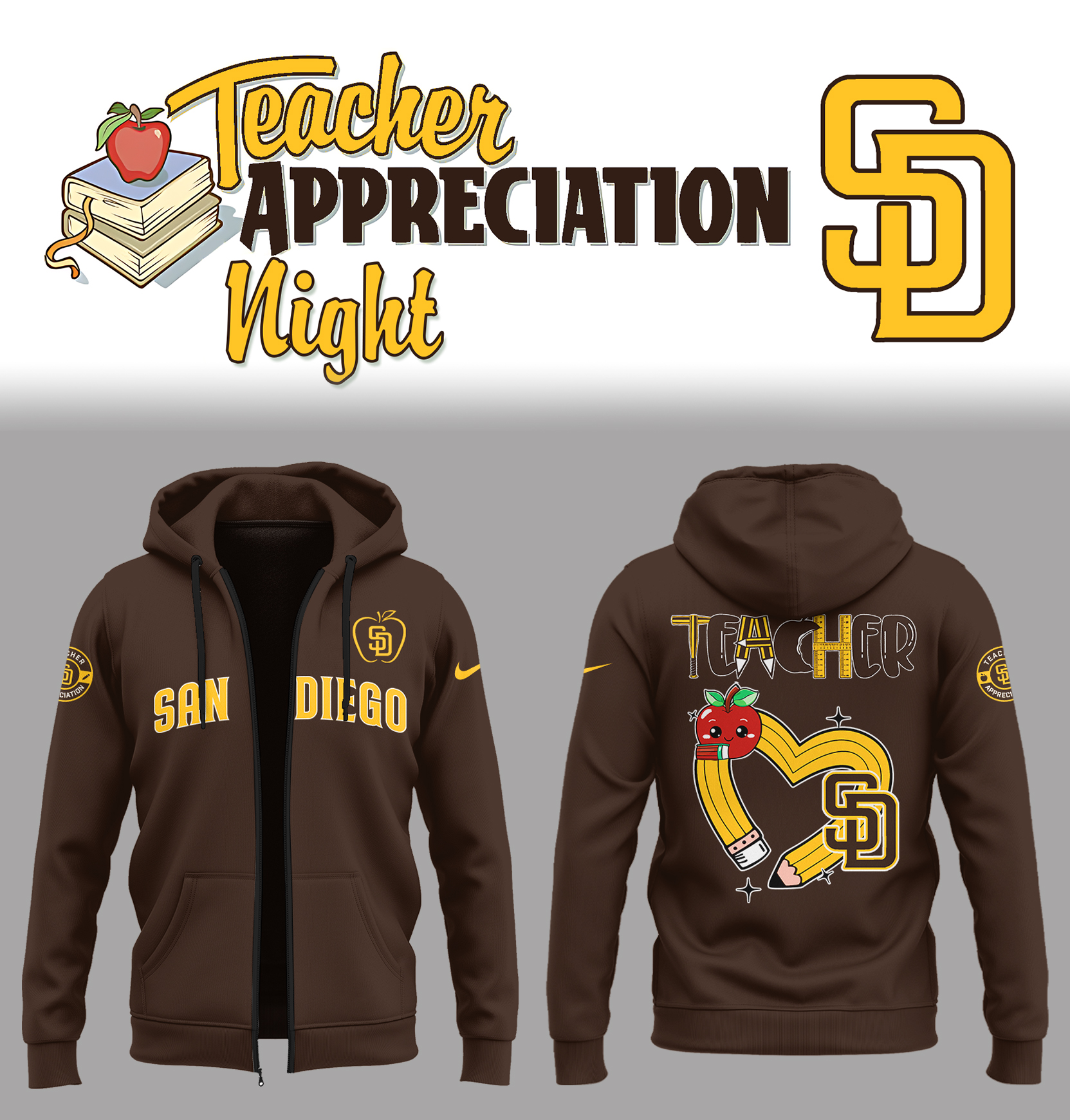San Diego Padres x Teacher Appreciation Night Zip Hoodie Gifts For Baseball Players