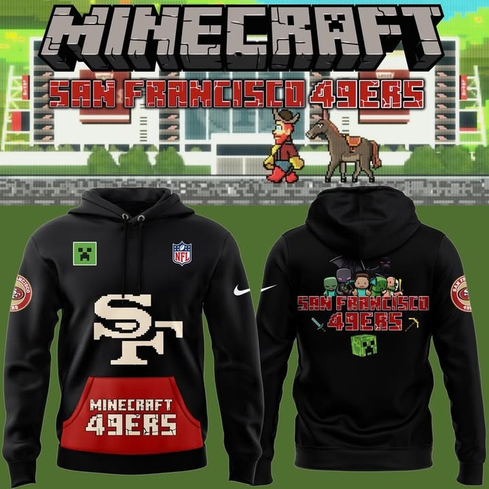 San Francisco 49ers 2025 NFL Minecraft Game Black Hoodie 49ers Merch Best Gifts For Football Fans