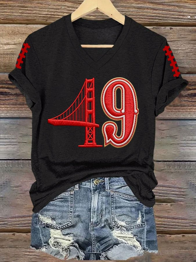 San Francisco 49ers Merch 49 Golden Bridge V-Neck SF Football Tee Gifts For Her