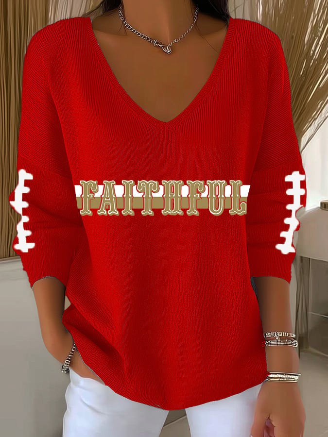 San Francisco 49ers Merch Faithful V-Neck Long Sleeve Shirt Football Themed Gifts For Wife