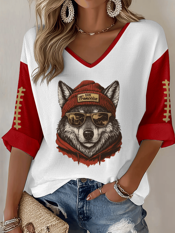 San Francisco 49ers Merch Wolf Graphic Design V-Neck Long Sleeve Football Clothing Line Gift For Fans