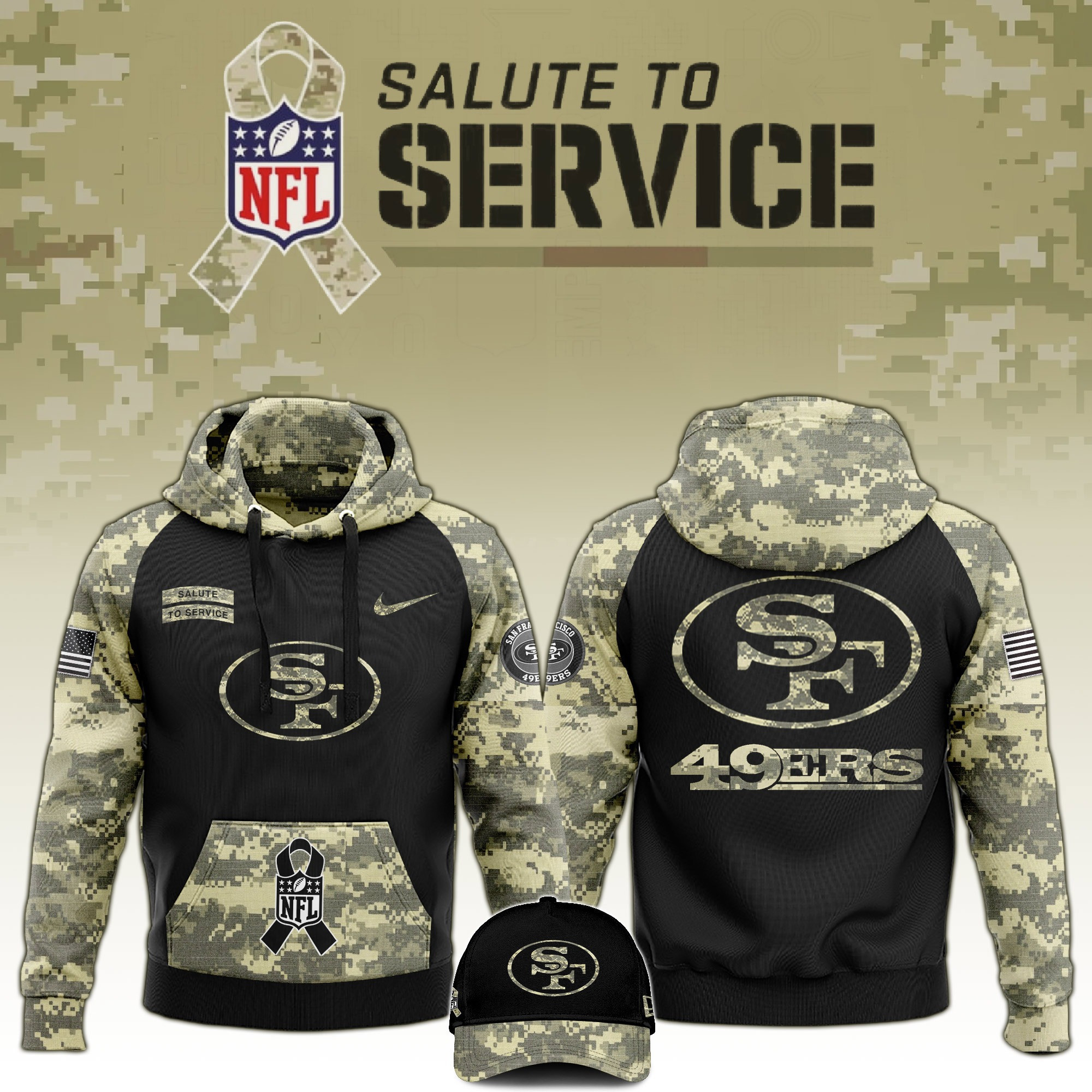 San Francisco 49ers Salute to Service Club Limited Camo Hoodie And Hat Unique 49ers Merch For Fans