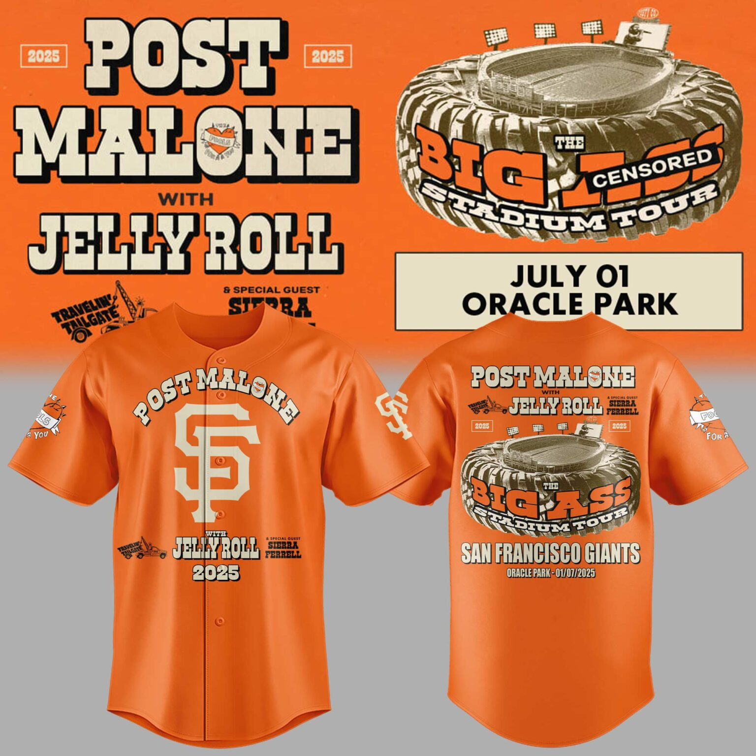 San Francisco Giants x Post Malone Jelly Roll Jersey Big Ass Stadium Tour 2025 Fan Merch