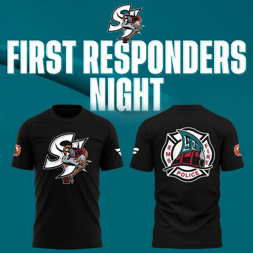 San Jose Sharks Barracuda x First Responders Night 2025 Black Shirt Gifts For Hockey Fans
