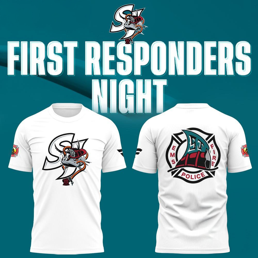 San Jose Sharks Barracuda x First Responders Night 2025 White Shirt Gifts For Nhl Fans