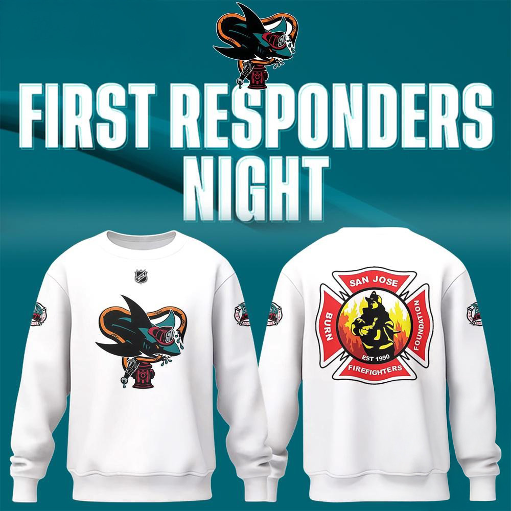 San Jose Sharks Barracuda x First Responders Night 2025 White Sweatshirt Gifts For Nhl Fans