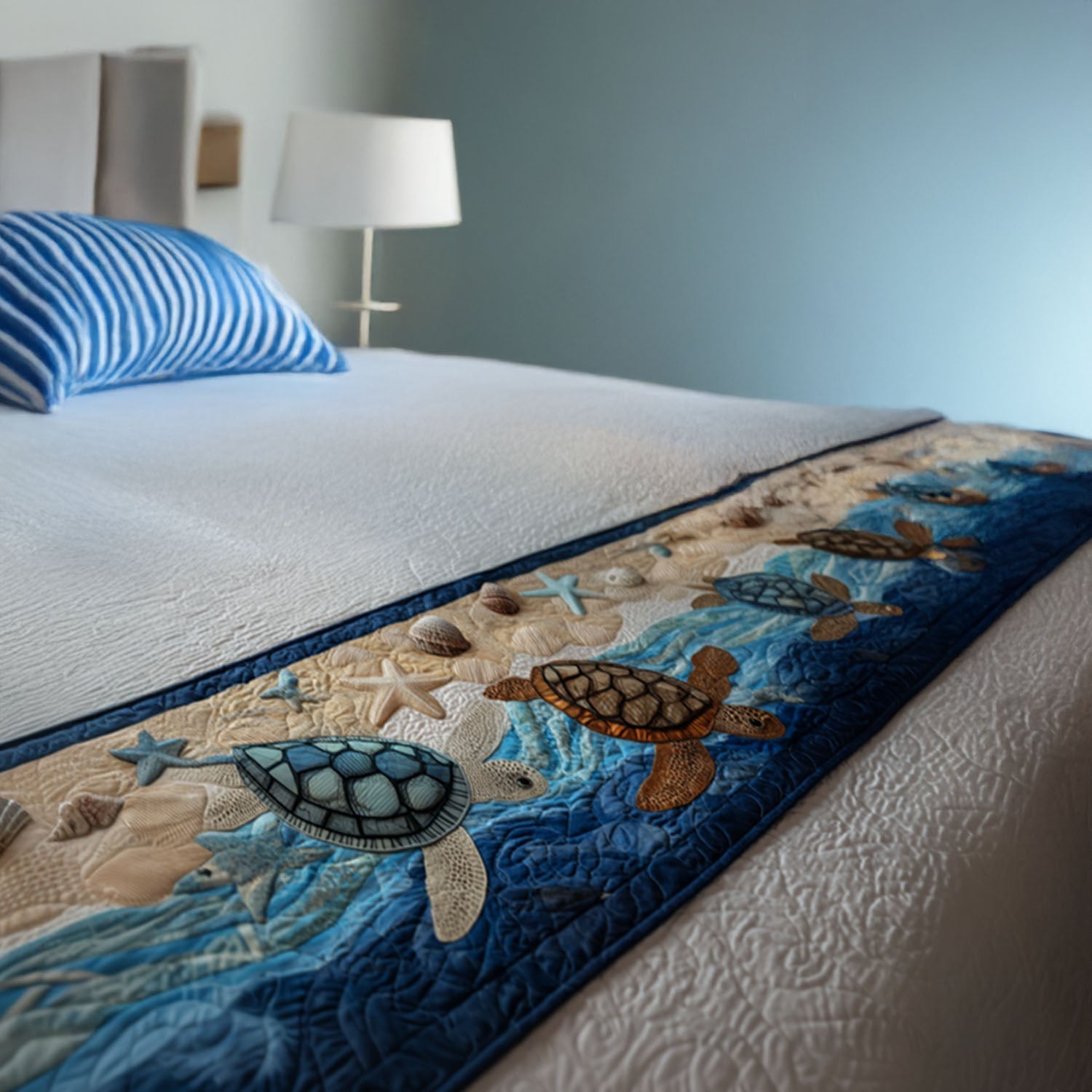 Sand and Sea Quilted Bed Runner Aesthetic Room Decor Sea Turtle Gifts For Mom