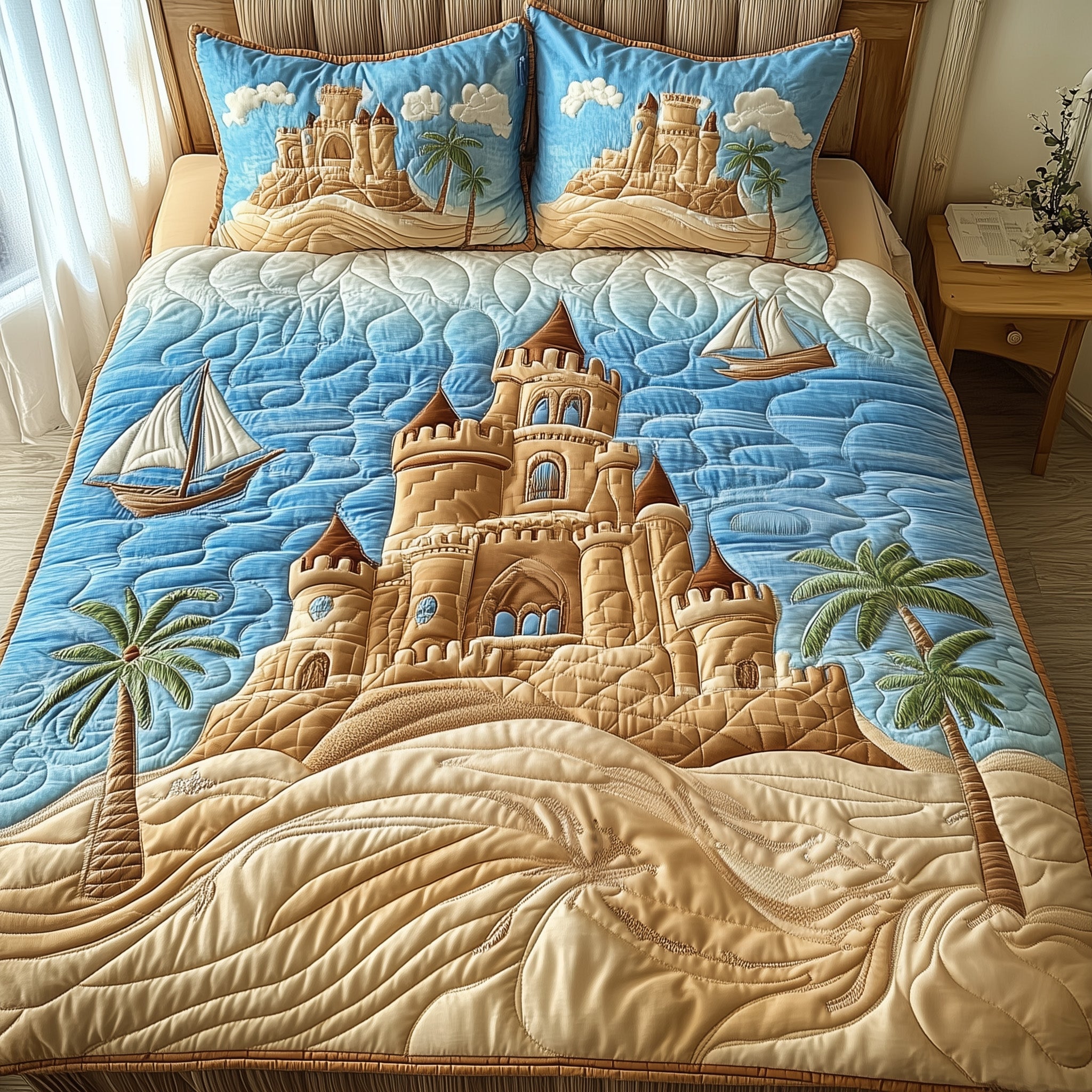 Sand Castle Quilted Bedding Set Duvet Cover Bed Sheet Car Gift For Beach Lover