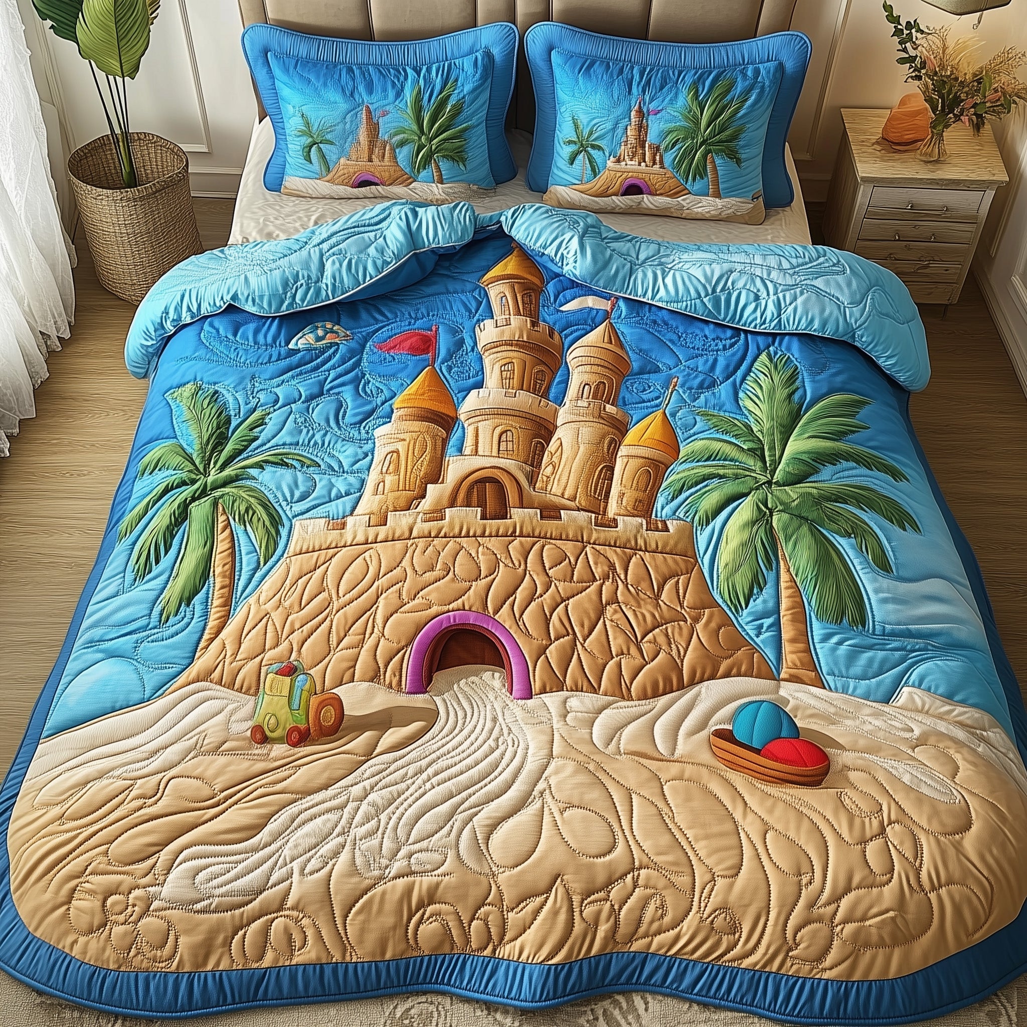 Sand Castle Quilted Bedding Set Duvet Cover Bed Sheet Car Great Gifts For Beach Lovers