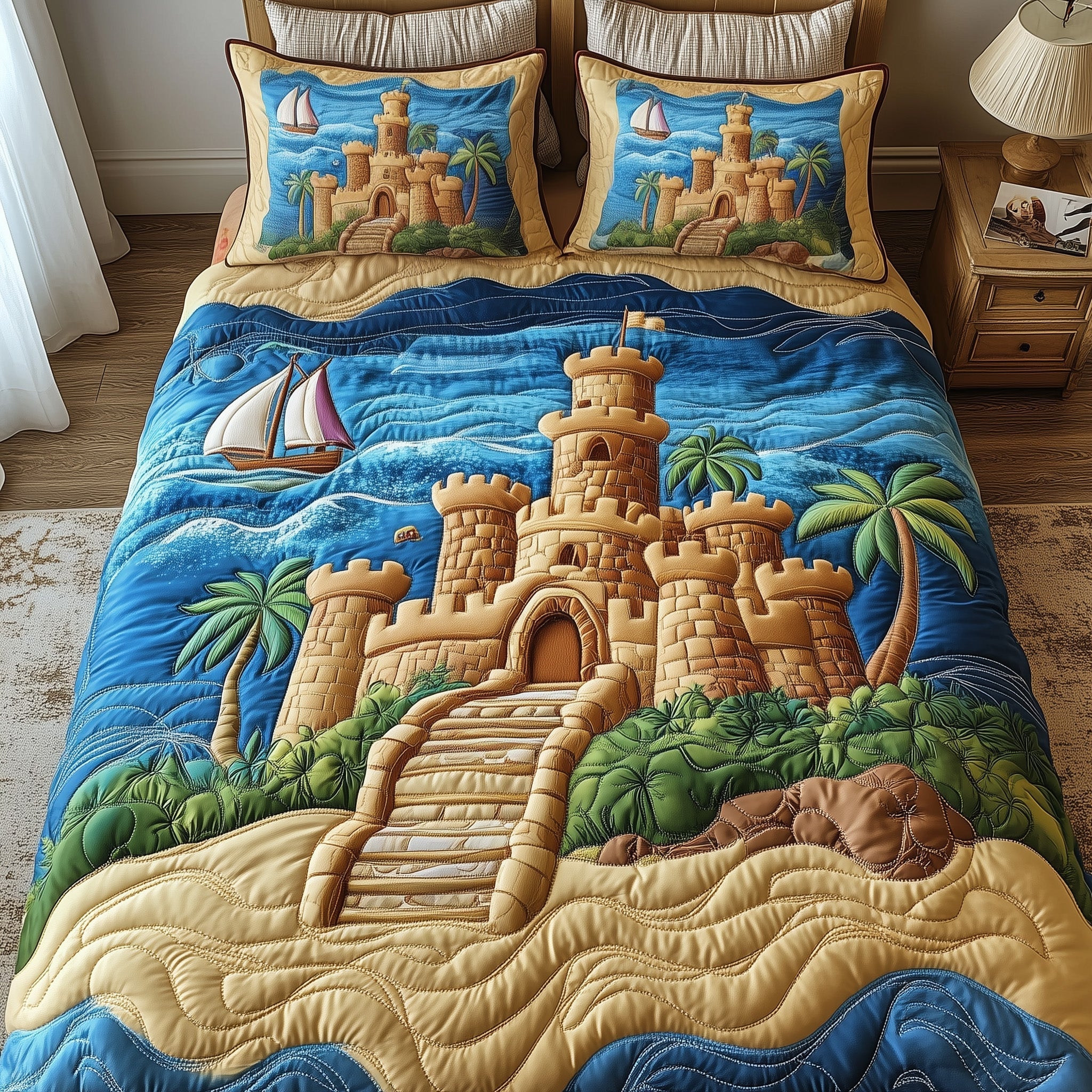 Sand Castle Quilted Bedding Set Duvet Cover Bed Sheet Cool Gifts For Beach Lovers