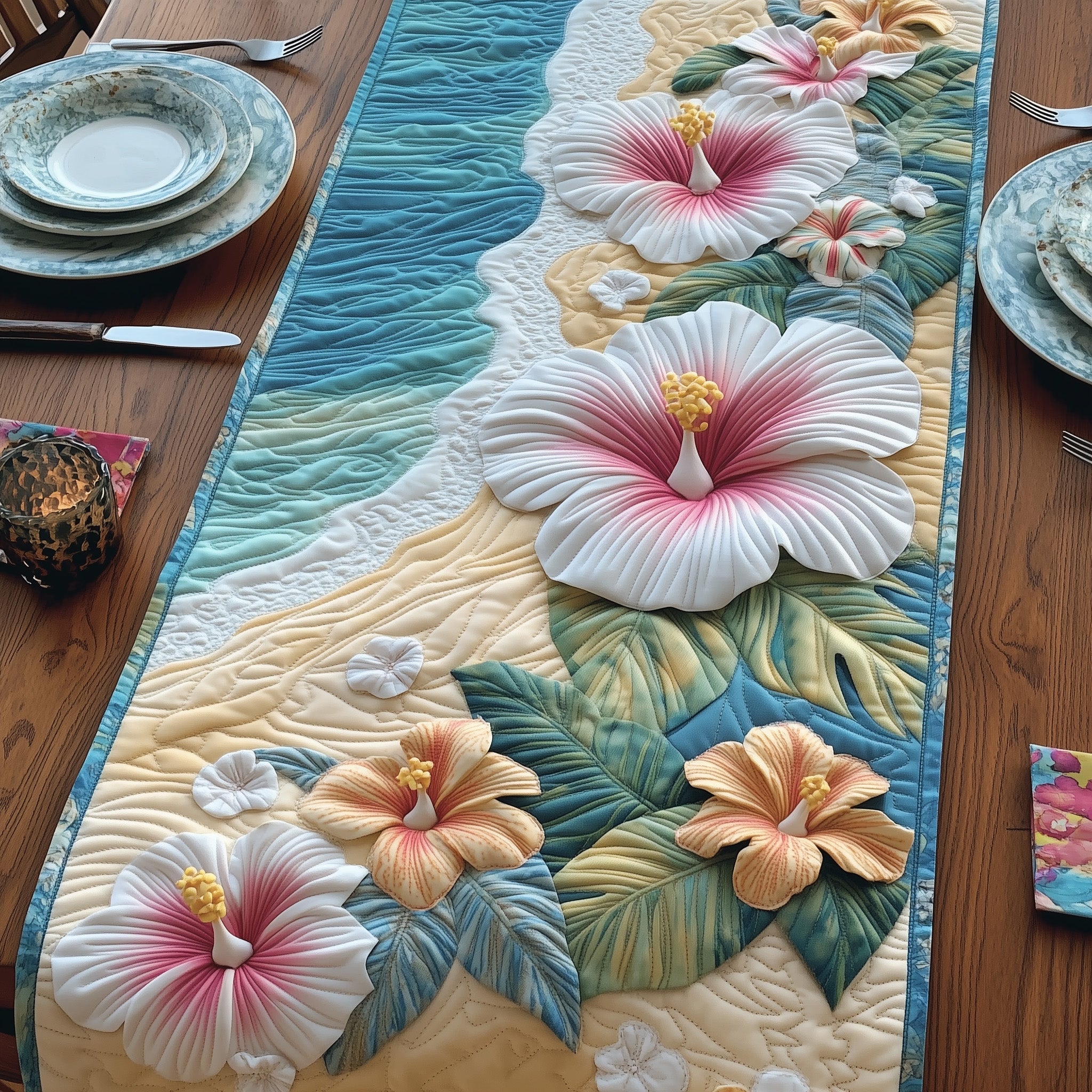Sandy Hibiscus Dream Quilted Table Runner Festive Table Runner for Dining Table