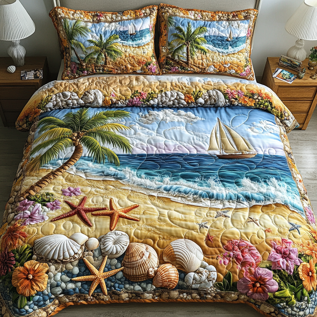 Sandy Shore Quilted Bedding Set Unique Bed Sheet Set Unique Beach Gifts