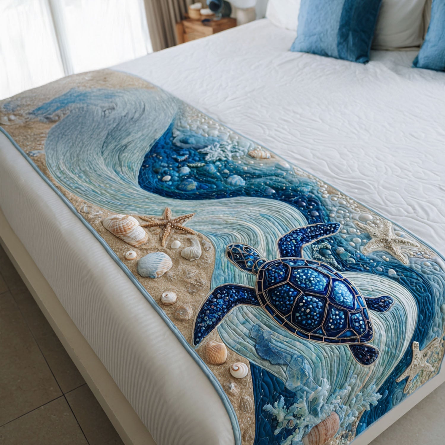 Sandy Steps Quilted Bed Runner Bed Decor Unique Sea Turtle Gifts