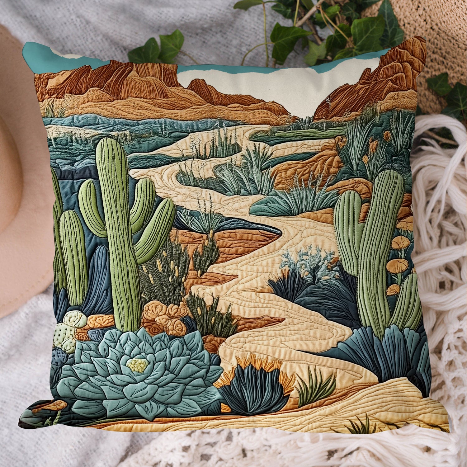 Sandy Trails Quilted Pillow Case Throw Pillow Covers Gifts For Cactus Lovers