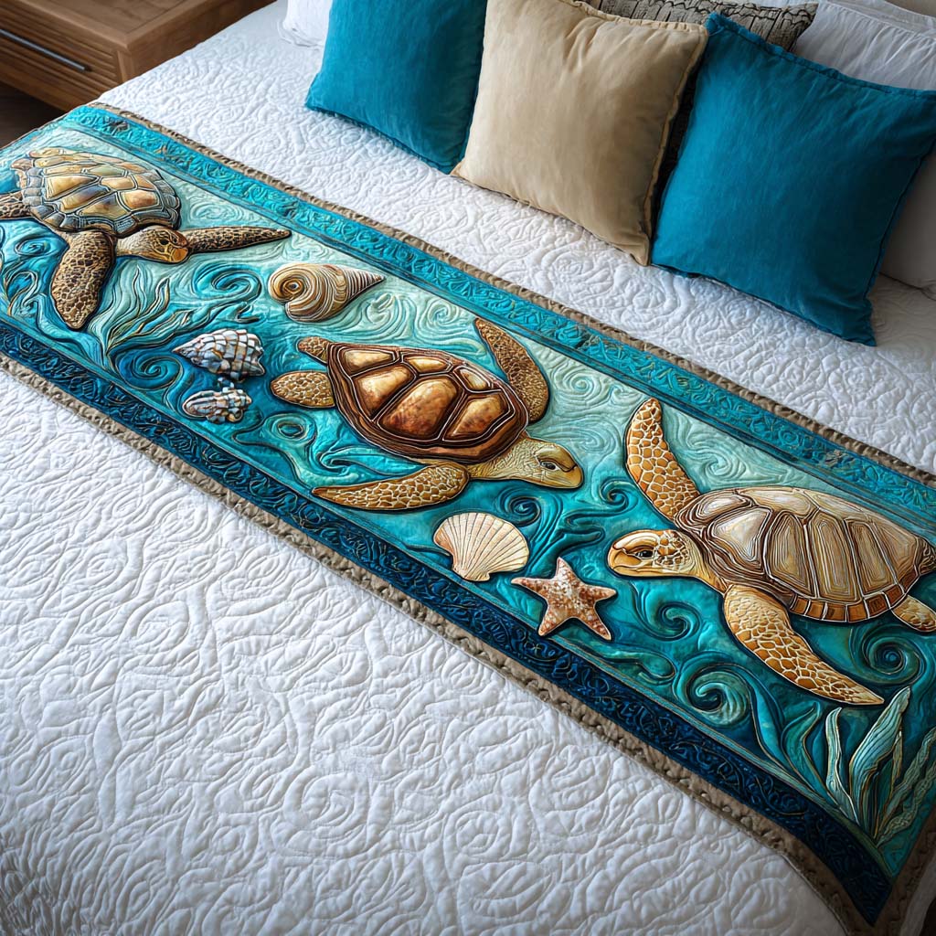 Sandy Turtle Tracks Quilted Bed Runner Bed Decor Gift Ideas For Sea Turtle Lovers