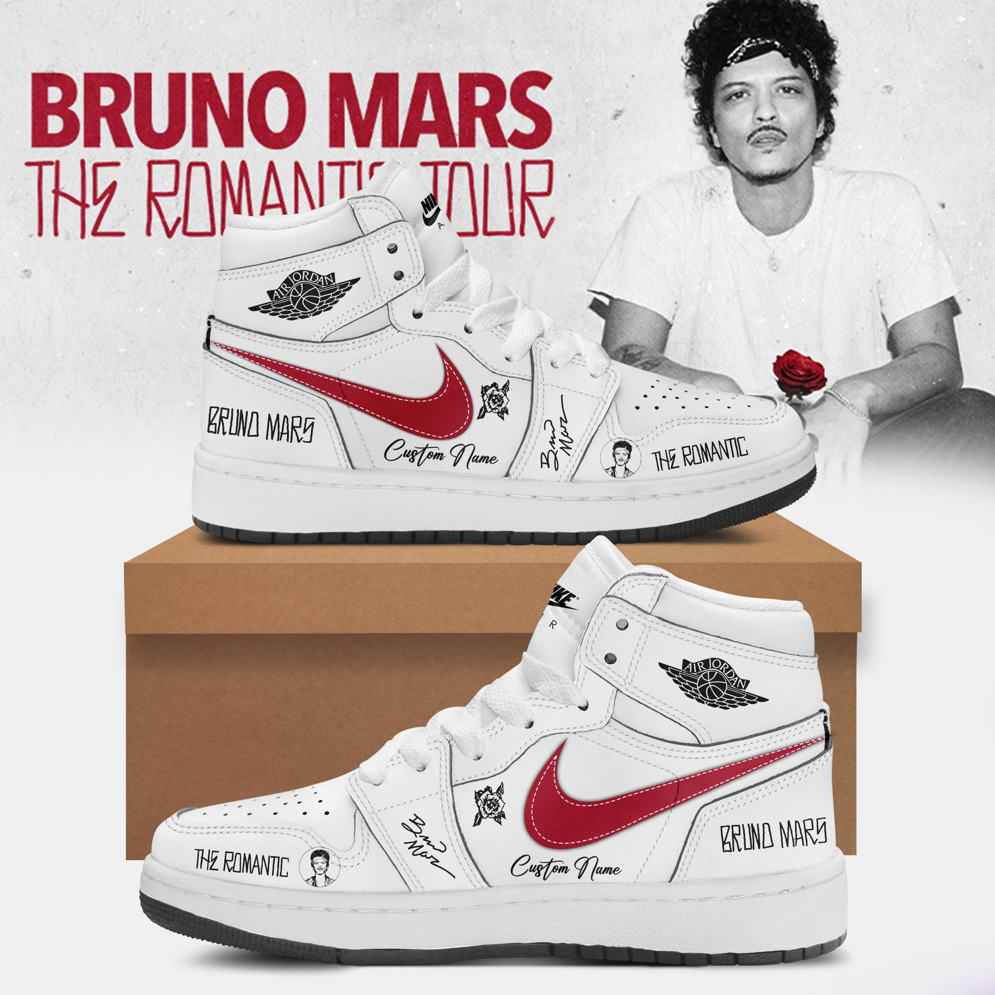 Sanrio Bruno Mars Air Jordan 1 Sneakers Romantic Tour Gear Merch Gift For Pop Music Fans