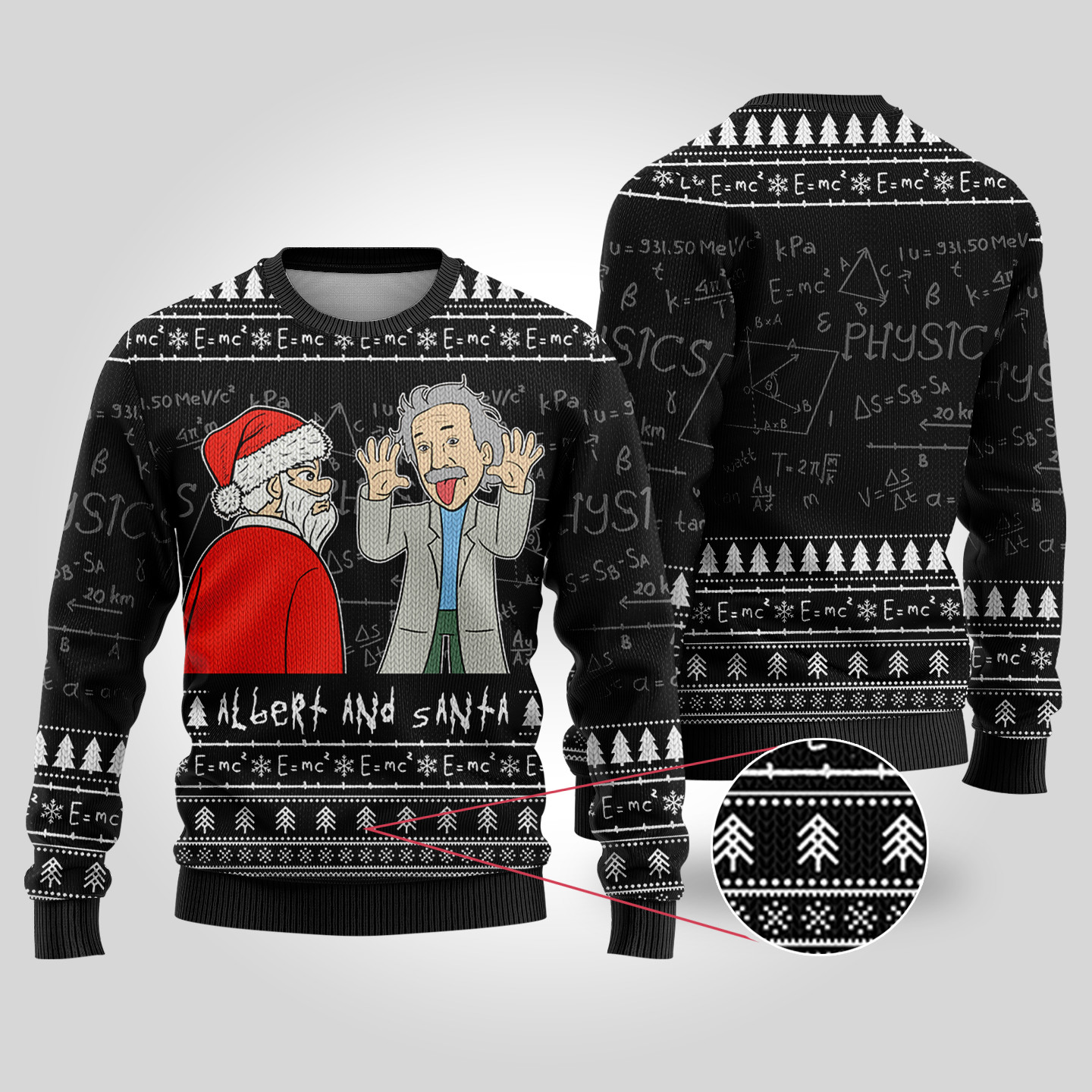 Santa And Albert Einstein Ugly Christmas Sweater Black Exclusive Holiday Sweater Merch for Gift Giving