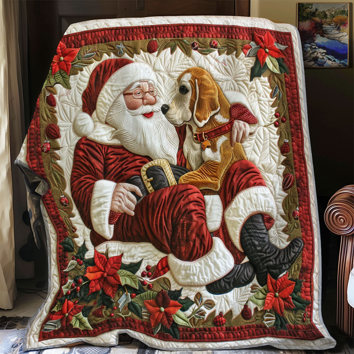 Santa And Beagle Quilt Blanket Queen Size Blanket Best Thank You Gifts