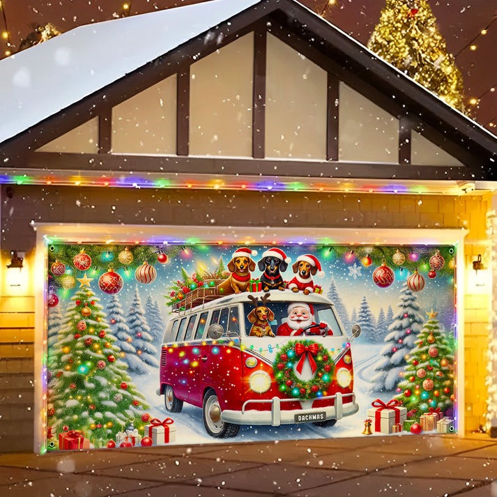 Santa And Dachshund Van Christmas Garage Door Cover Christmas Decor Gifts For Dog Lovers