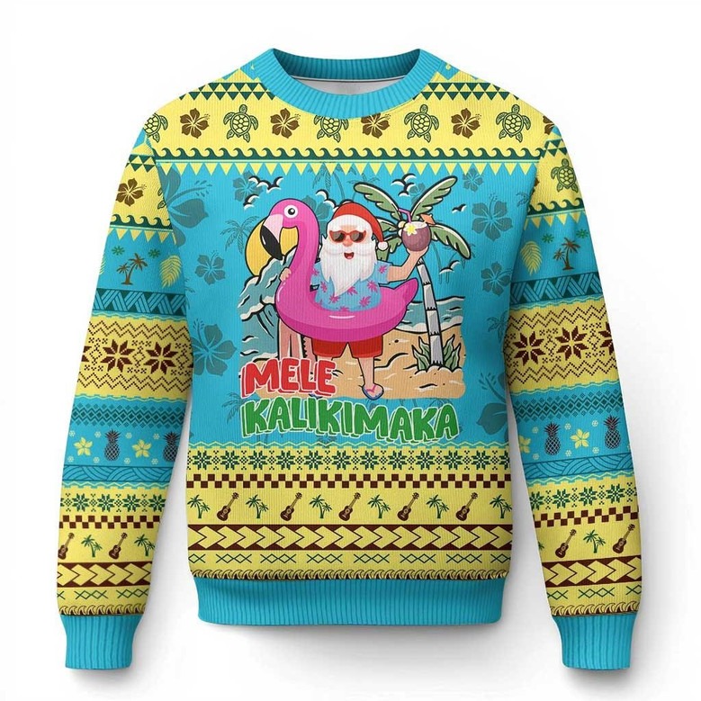 Santa And Flamingo Pool Float Mele Kalikimaka Ugly Sweater Tropical Jumper Xmas Gifts