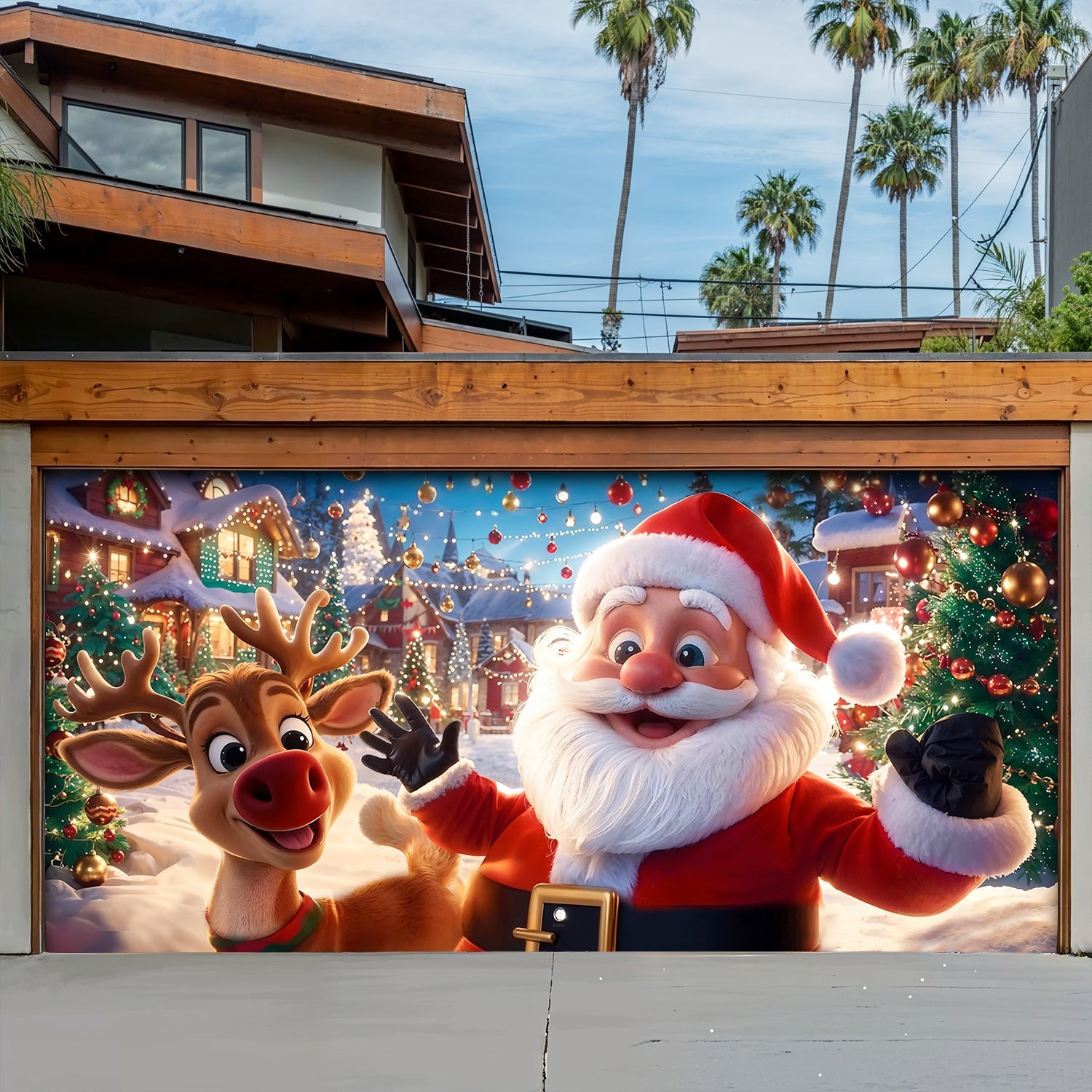 Santa And Reindeer Christmas Garage Door Banner Decoration Christmas Themed Garage Door Covers