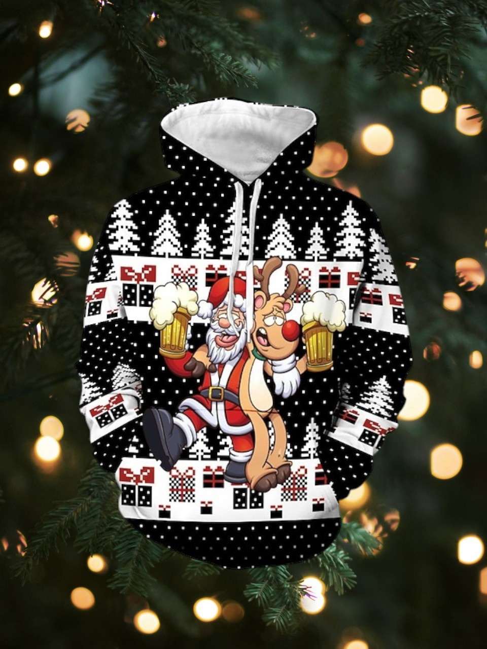 Santa And Reindeer Drinking Beer Christmas Holiday Hoodie Funny Xmas Gifts For Beer Lovers