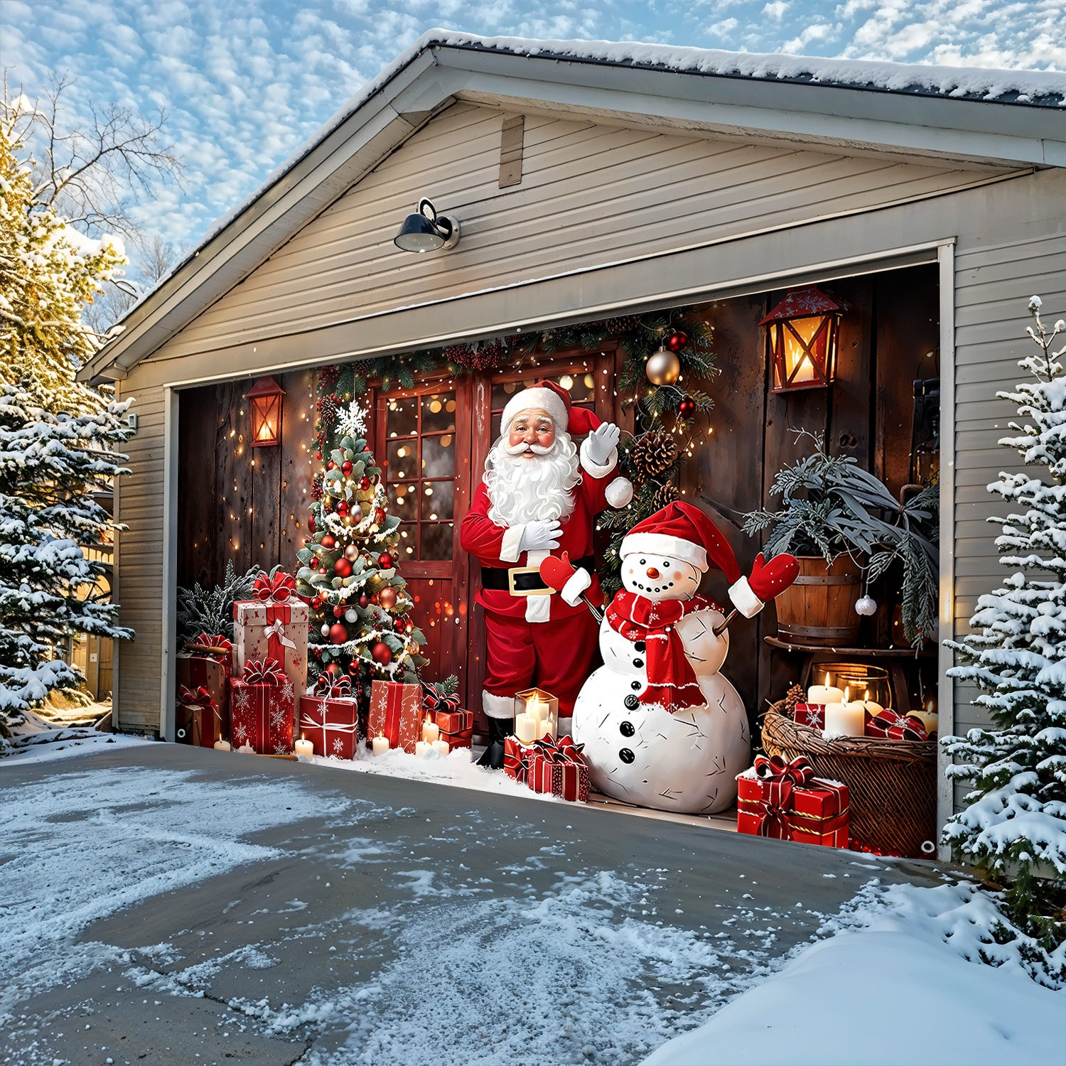 Santa And Snowman Christmas Garage Door Banner Winter Decor Christmas Gifts For Snowman Lovers