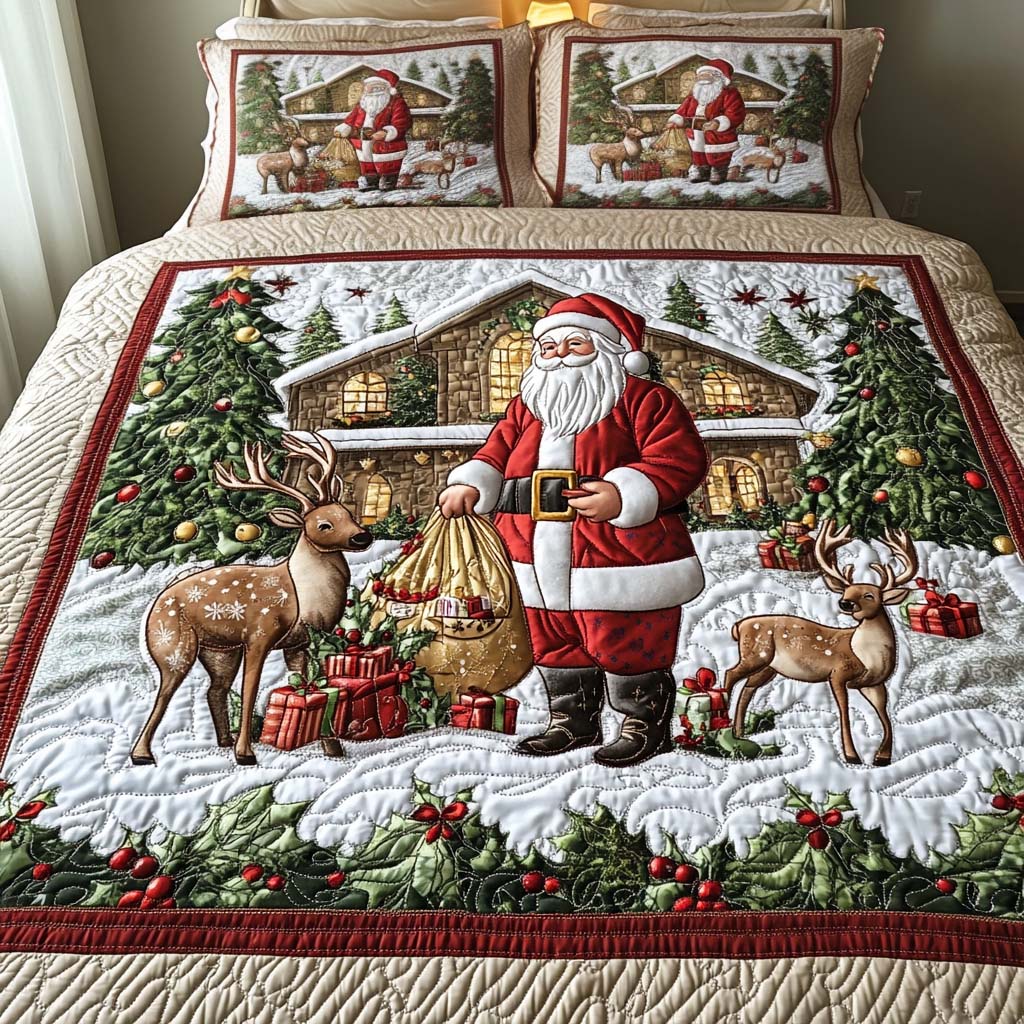 Santa Arrival Quilted Bedding Set Christmas Comforter Xmas Gifts For Daughters