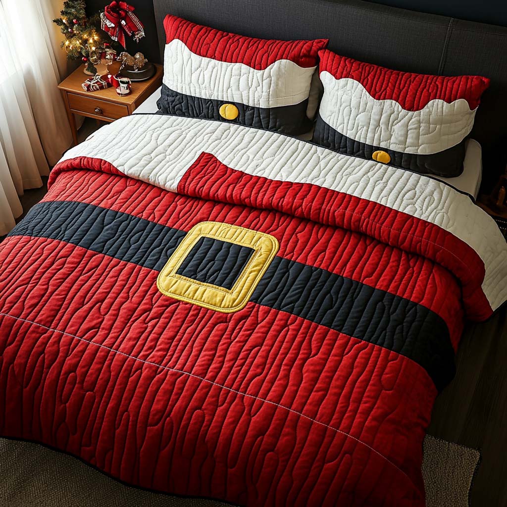 Santa Belt Charm Quilted Bedding Set Holiday Duvet Covers Family Gift Ideas For Christmas