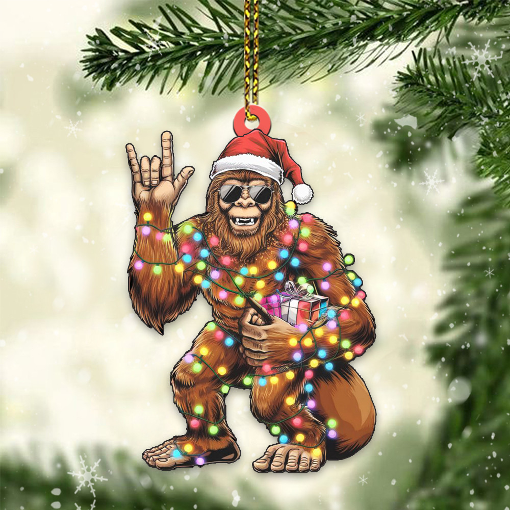 Santa Bigfoot Christmas Lights Rock Ornament Shape Bigfoot Lover Funny Xmas Ornament