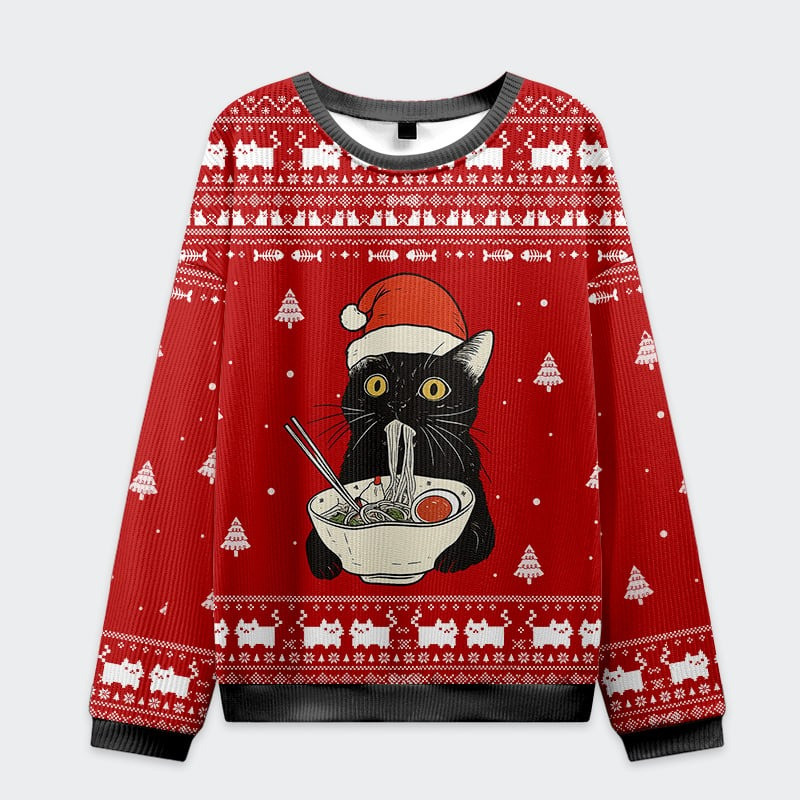 Santa Black Cat Eating Ramen Ugly Christmas Sweater Cute Xmas Gifts For Cat Lovers