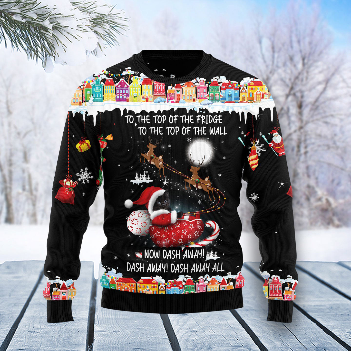 Santa Black Cat Sleigh Christmas Ugly Sweater Christmas Apparel Gifts For Cat Lover