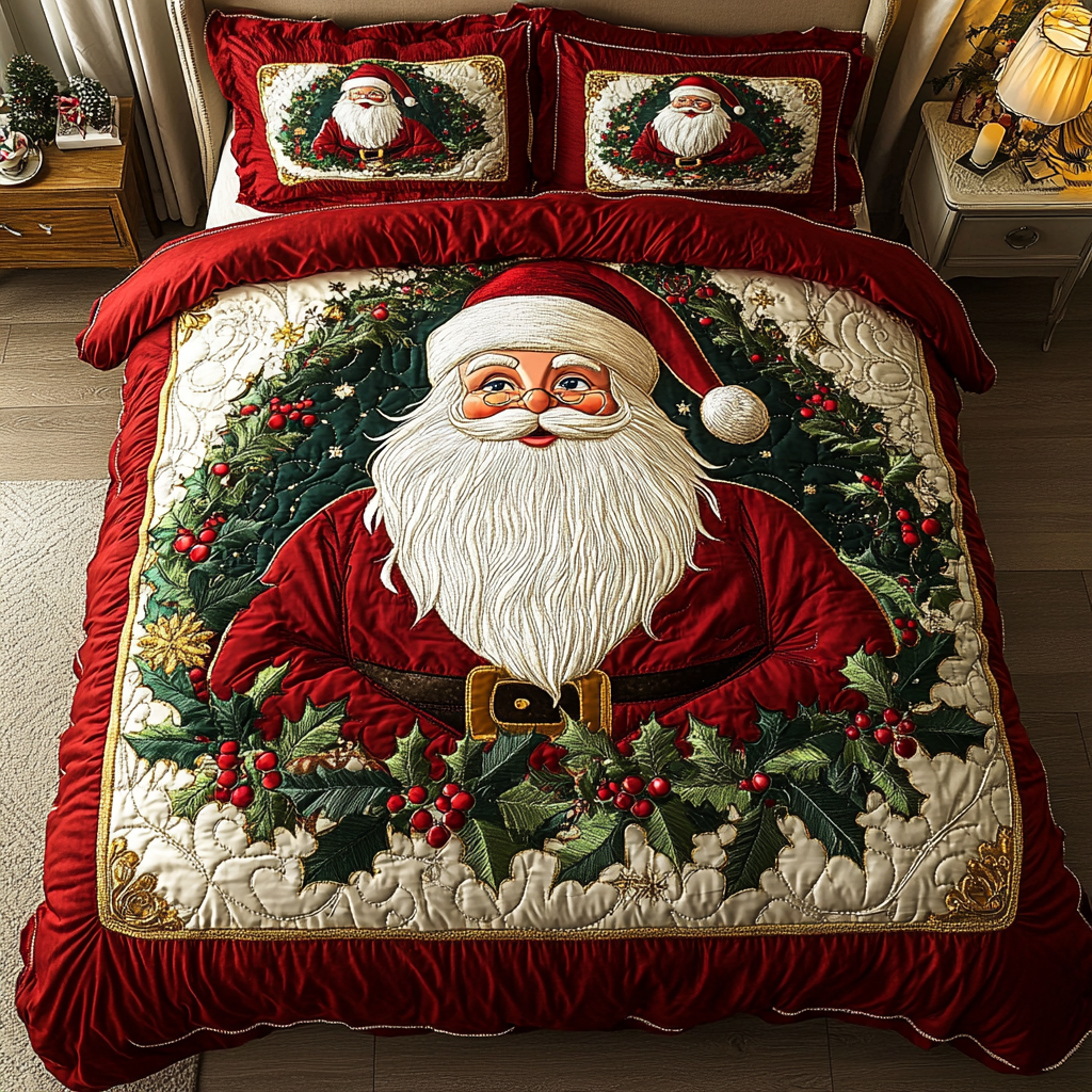 Santa Bliss Quilted Bedding Set Holiday Season Duvet Cover Set Christmas Presents For Mum