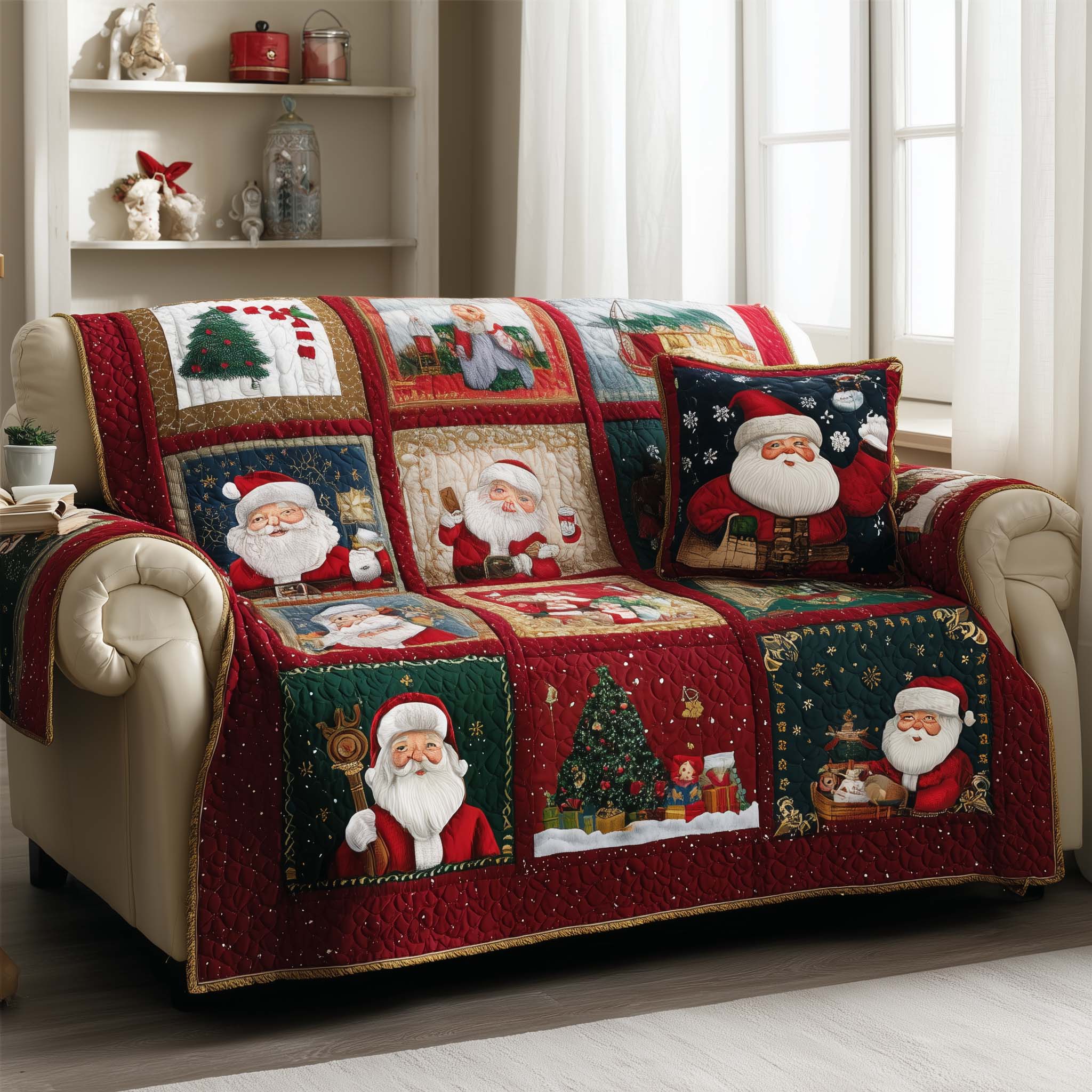 Santa Bliss Quilted Sofa Cover Cheerful Smiling Red Men Secret Santa Gift Ideas