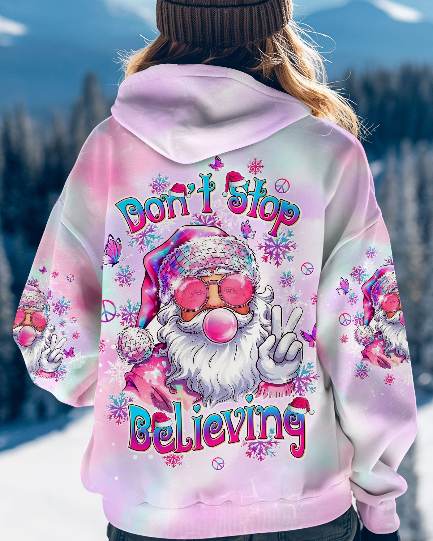 Santa Blowing Bubble Don't Stop Believing Hoodie Hippie Merchandise Xmas Holiday Gifts
