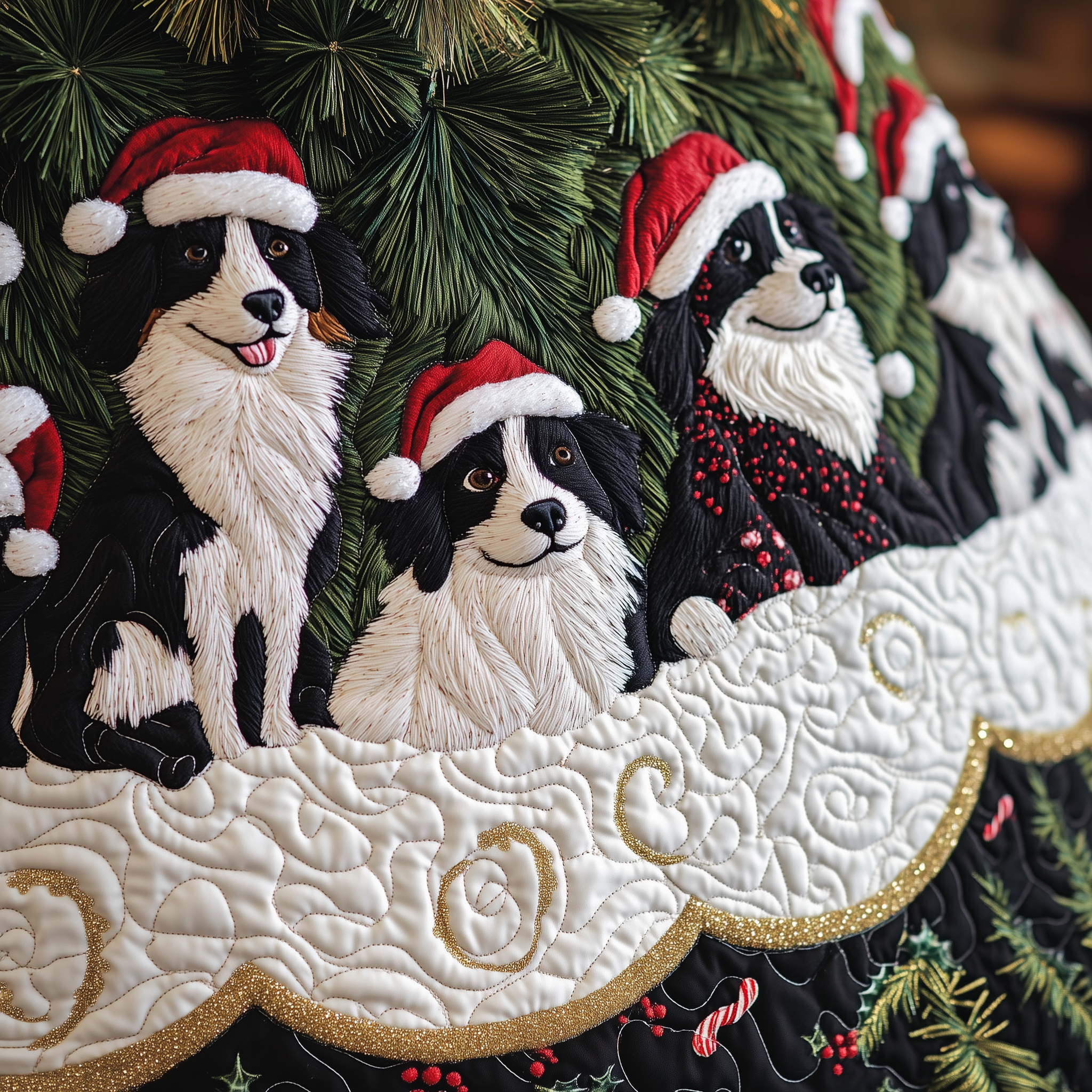 Santa Border Collie and Cavalier Christmas Tree Skirt Quilted Holiday Pet Lover Gift Decor