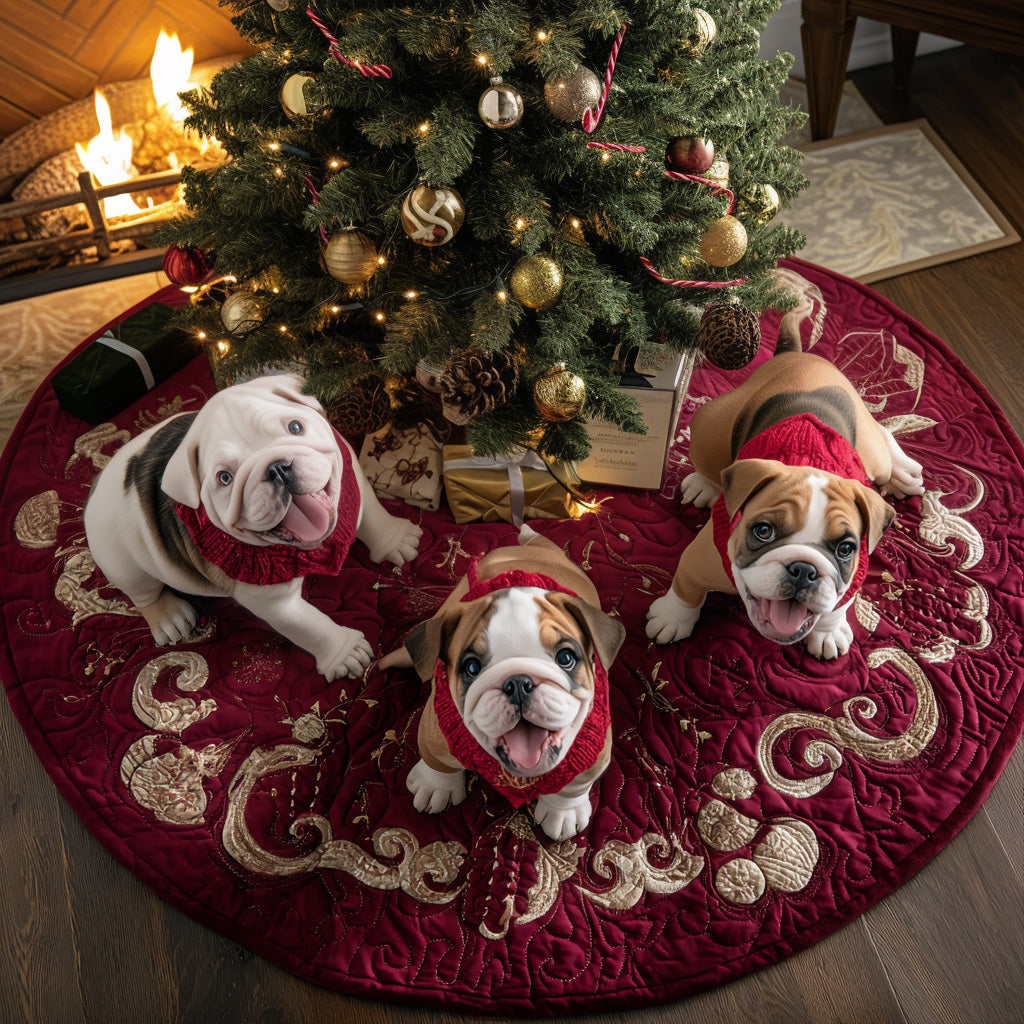 Santa Bulldog Cheer Quilted Christmas Tree Skirt Holiday Season Gifts For French Bulldog Lovers