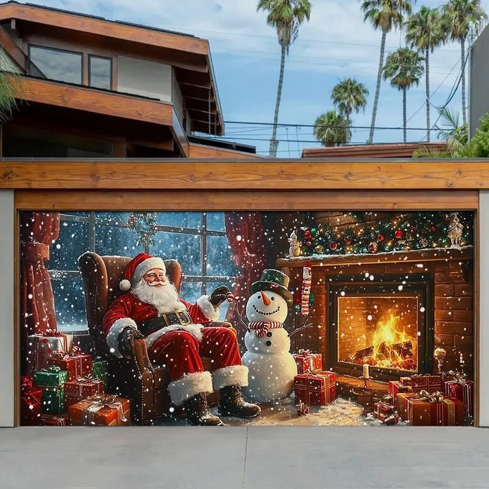 Santa By Fireplace With Snowman Christmas Garage Door Cover Warm Fireside Gara Decorations