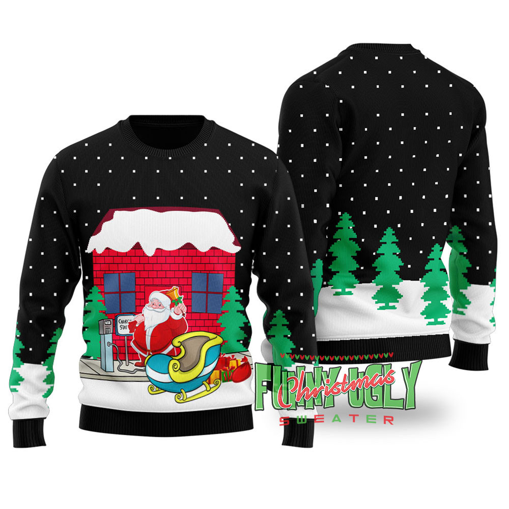Santa Charging Station Funny Christmas Sweater Black Warm and Comfy Sweater for Winter Days