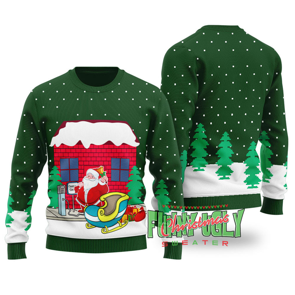 Santa Charging Station Funny Christmas Sweater Forest Green Meaningful Holiday Gift Merch to Show You Care