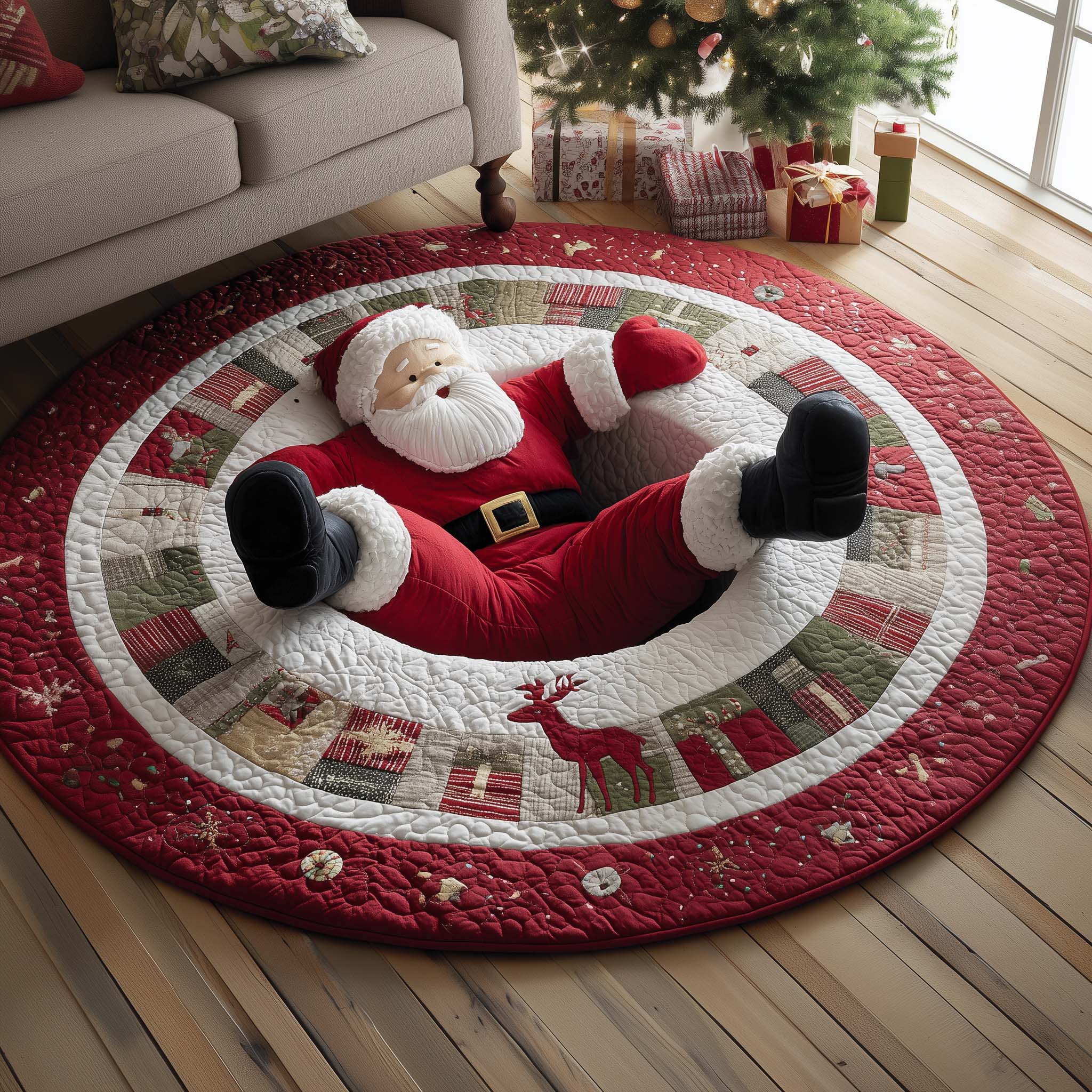 Santa Charm Quilted Round Mat Cozy Quilted Round Mat for Warm Ambiance