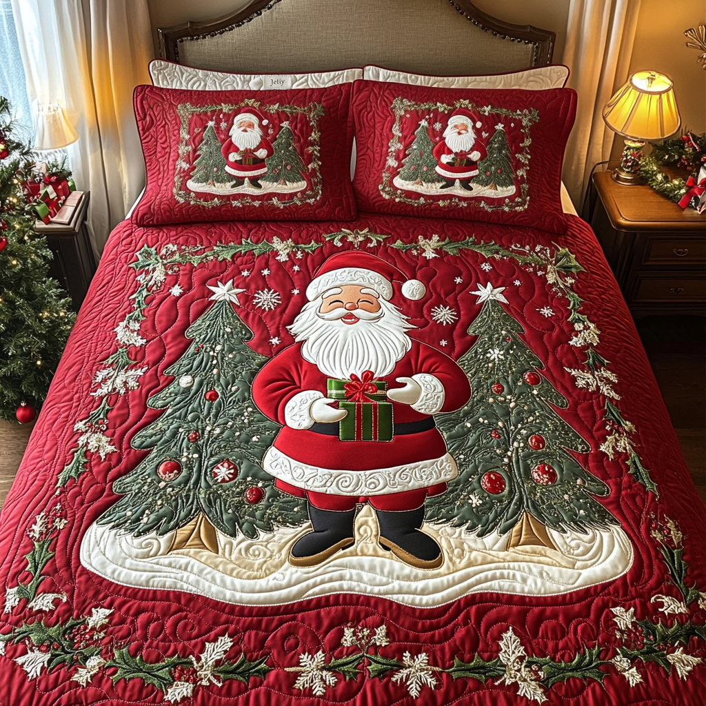 Santa Cheerful Journey Quilted Bedding Set King Bedspread Good Xmas Gifts For Her