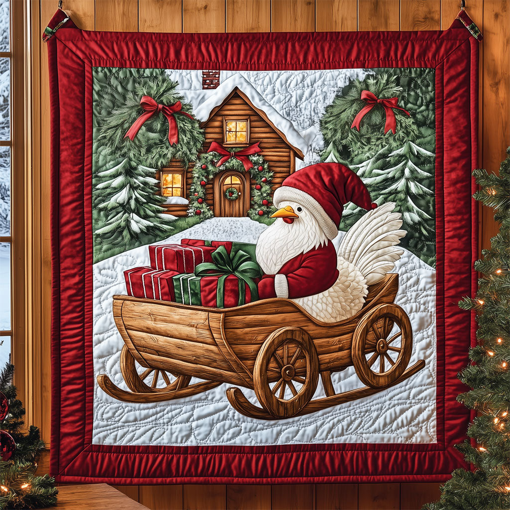 Santa Chickens Gift Sleigh Quilt Luxury Quilt Blanket with Decorative Stitching