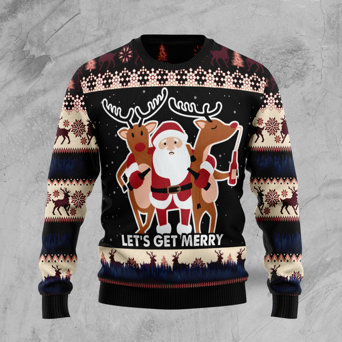 Santa Claus And Deer Ugly Christmas Sweater Let's Get Merry Funniest Ugly Christmas Sweater